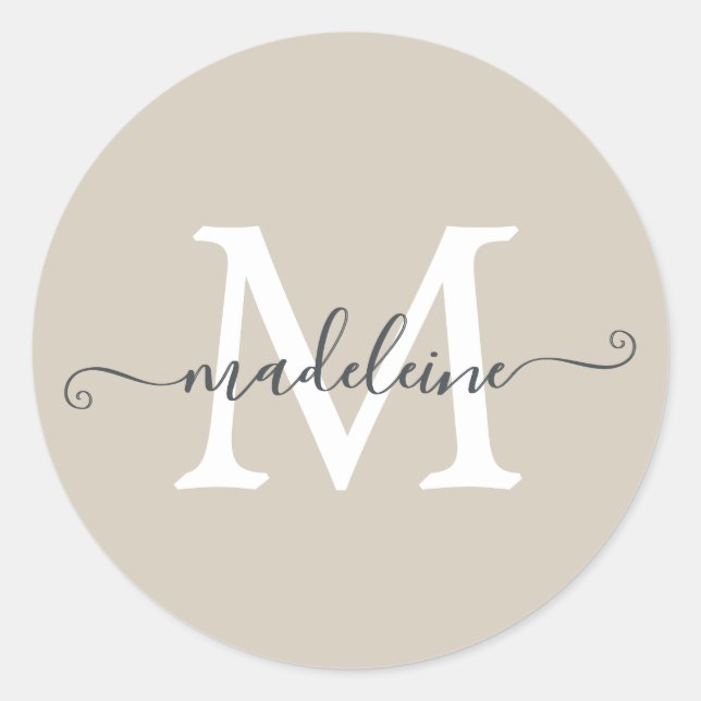 Personalised Script Name Monogram Warm Beige Classic Round Sticker (Front)