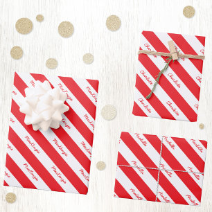 Personalised Script Name Red White Candy Stripe Wrapping Paper Sheet