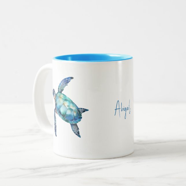 Personalised Script Name Turquoise Sea Turtle  Two-Tone Coffee Mug (Front Left)