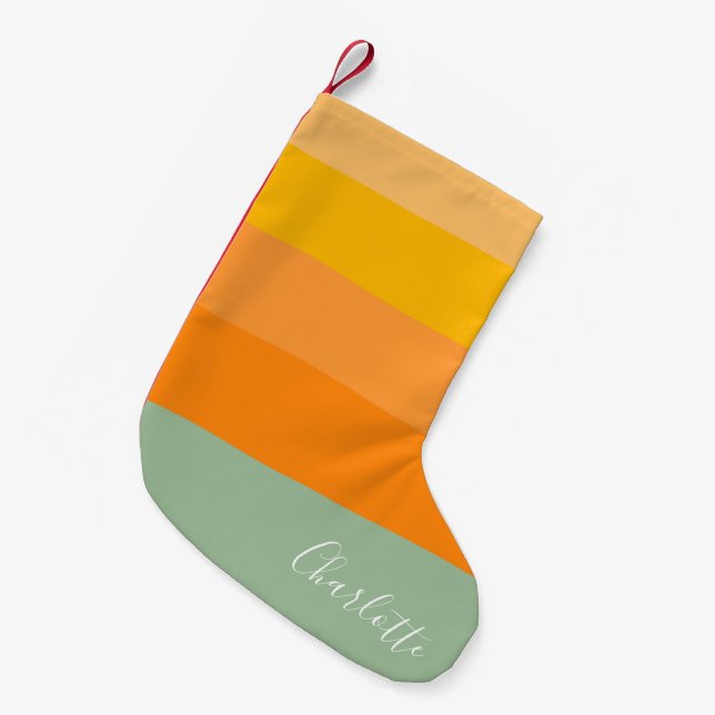 Personalised Script Name Yellow Orange Striped Small Christmas Stocking (Front (Hanging))