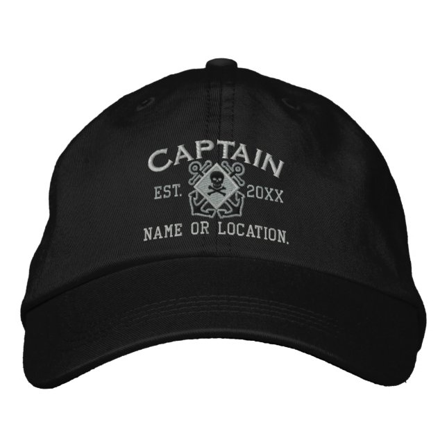 Personalised Sea Captain Nautical Crossbones Skull Embroidered Hat (Front)