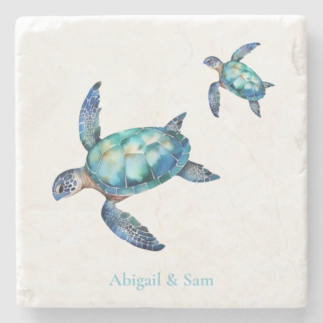 Personalised Sea Turtle Beach Stone Coaster (Front)