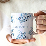 Personalised Sea Turtle Beach Theme Coffee Mug<br><div class="desc">Bring beachy vibes to your everyday routine with this personalised sea turtle gift, featuring a stunning blue watercolor sea creature design. Inspired by the coastal lifestyle, this custom mug showcases a replica of my original hand-painted maritime sea turtle artwork, set against a serene beach theme backdrop. Your name is elegantly...</div>
