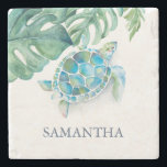 Personalised Sea Turtle Tropical Stone Coaster<br><div class="desc">Add a splash of tropical flair to your gift-giving with this personalised stone coaster featuring a beautiful watercolor sea turtle and monstera palm leaf design in vibrant turquoise and green by Victoria Grigaliunas. Perfect for Florida weddings, this cute and coastal piece is an excellent choice for women gifts, whether you're...</div>