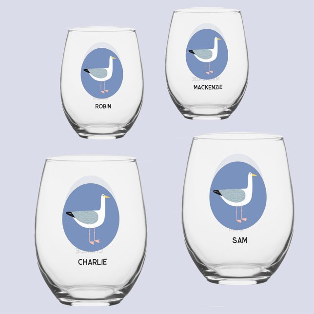 Personalised Seagull Glass (Personalized name seagull coastal glass set)