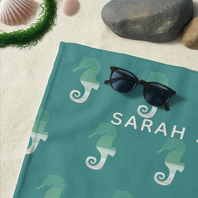 Personalised Seahorse Pattern Teal Beach Towel (Love seahorses & beach towels? Just add your name to this one and enjoy the beach)
