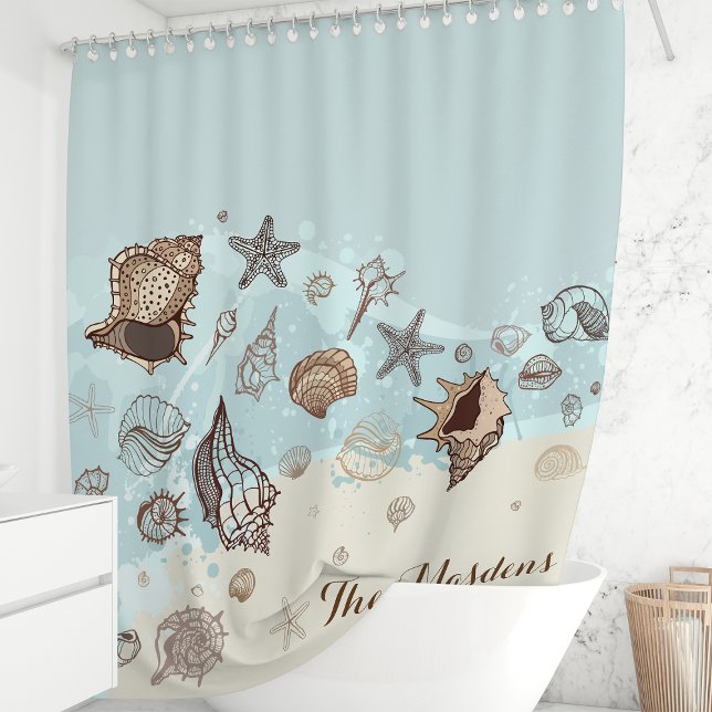 Personalised Seashells And Sand Coastal Beach Shower Curtain (Creator Uploaded)