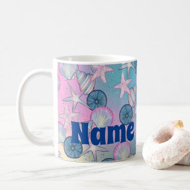 Personalised Seaside Beach Design Coffee Mug (With Donut)