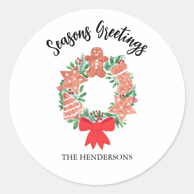 Personalised Seasons Greetings Wreath Classic Round Sticker (Front)