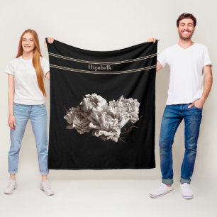 Personalised Sepia Peonies Black Medium Size Fleece Blanket