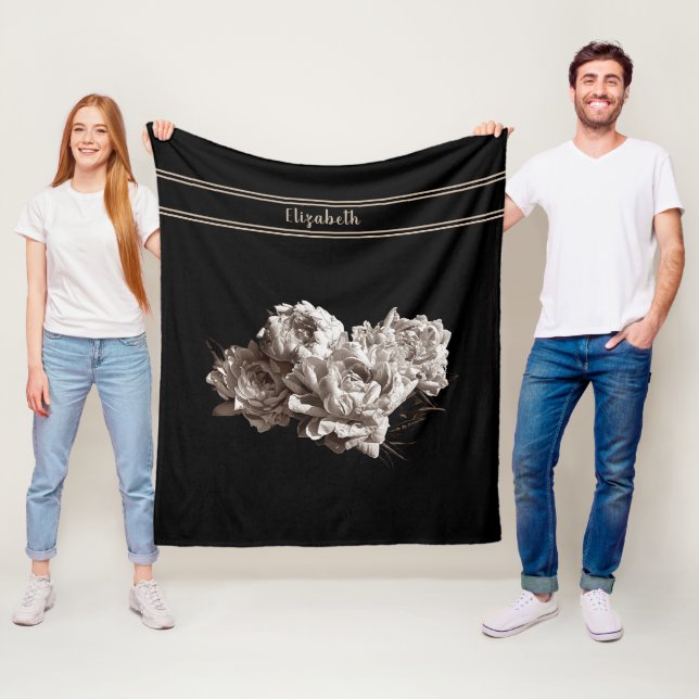 Personalised Sepia Peonies Black Medium Size Fleece Blanket (In Situ)