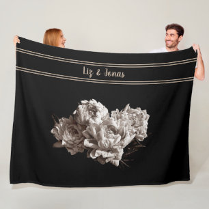Personalised Sepia Peonies Large Size Black Fleece Blanket