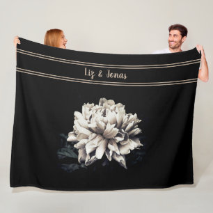 Personalised Sepia Peony Black Large Size Fleece Blanket