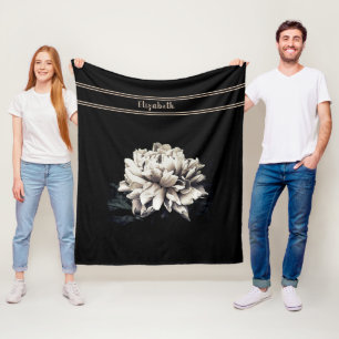 Personalised Sepia Peony Black Medium Size Fleece Blanket