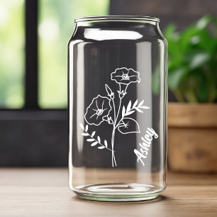 Personalised Sept Birth Flower Morning Glory White Can Glass