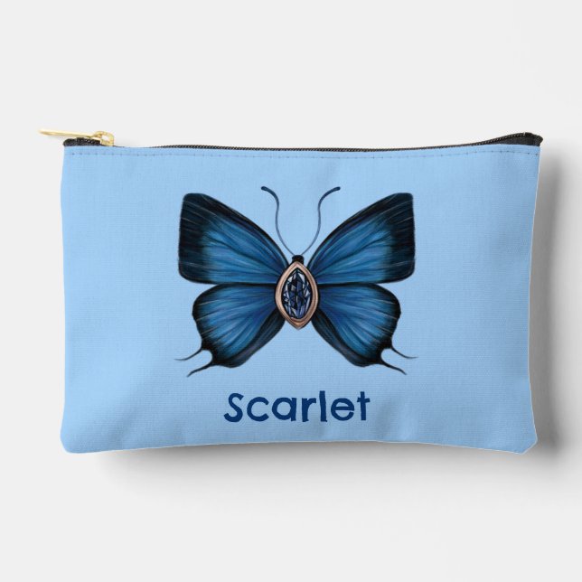 Personalised September Birth Blue Butterfly Accessory Pouch (Front)