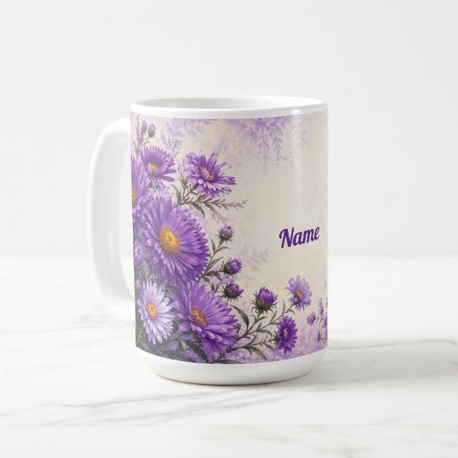 Personalised September Birth Flower Aster  Coffee Mug (Front Left)