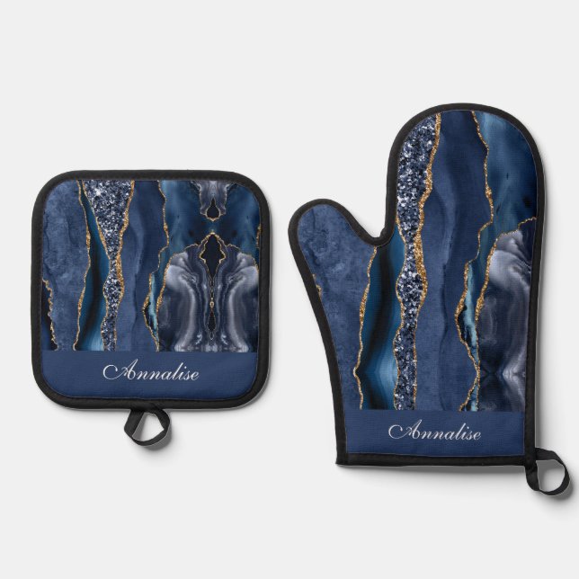 Personalised Sequin Navy Blue Agate Oven Mitt & Pot Holder Set (Front)