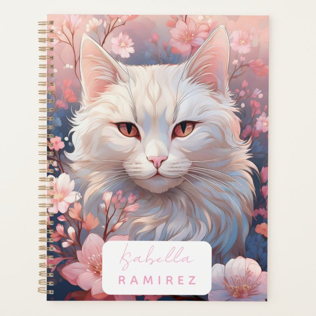 Personalised Serene White Cat Planner with Name (Front)
