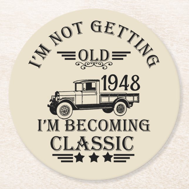 Personalised seventy five vintage 75th birthday round paper coaster (Front)