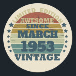 Personalised seventy vintage 70th birthday  classic round sticker<br><div class="desc">This vintage classic graphic design with awesome typography font lettering can add originality to your wardrobe collection. It is a great gift idea for men, women, husbands, wives, girlfriends, and boyfriends who will love this one-of-a-kind artwork. It is the best and most funny holiday present for your happy birthday party....</div>