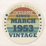 Personalised seventy vintage 70th birthday  round paper coaster<br><div class="desc">This vintage classic graphic design with awesome typography font lettering can add originality to your wardrobe collection. It is a great gift idea for men, women, husbands, wives, girlfriends, and boyfriends who will love this one-of-a-kind artwork. It is the best and most funny holiday present for your happy birthday party....</div>