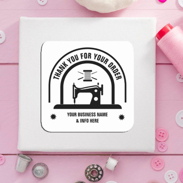 Personalised SEWING Black and White  Square Sticker (#zazzle made #machine #tailorsticker #thankyousticker)