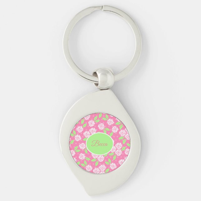 Personalised Shabby Chic Pink Floral Key Ring (Front)