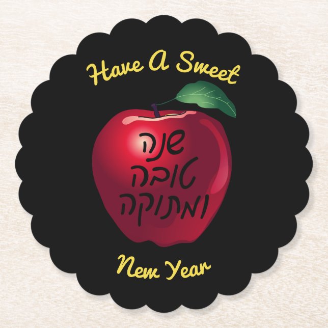 Personalised Shanah Tovah Red Apple Paper Coaster (Front)