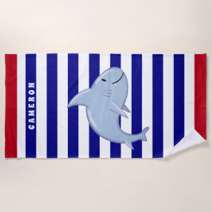 Personalised Shark White Blue Red Striped Kids Beach Towel