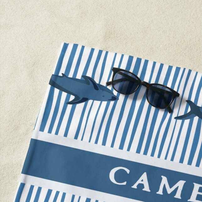 Personalised Shark White Blue Striped Kids Beach Towel (In Situ)