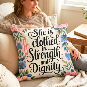 Personalised She Is Clothed in Strength Christian  Cushion