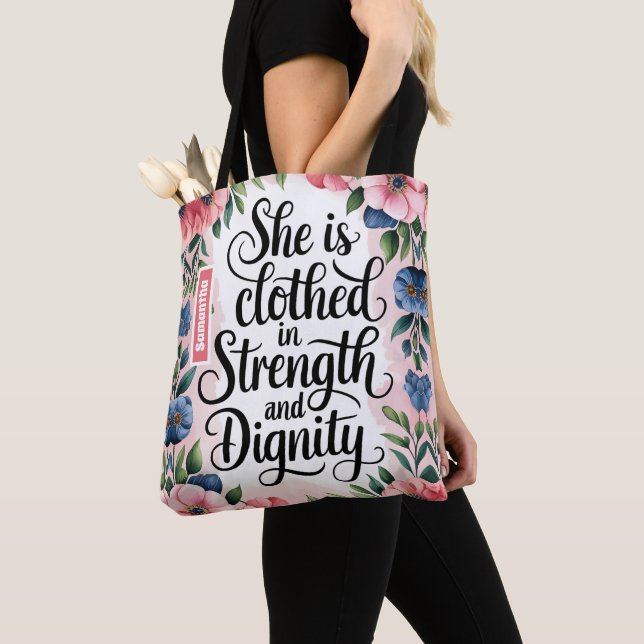 Personalised She Is Clothed in Strength Christian  Tote Bag (Close Up)