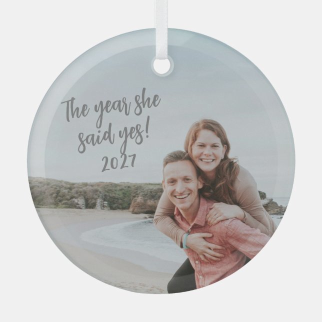 Personalised She Said Yes Engaged Photo Christmas Glass Tree Decoration (Front)