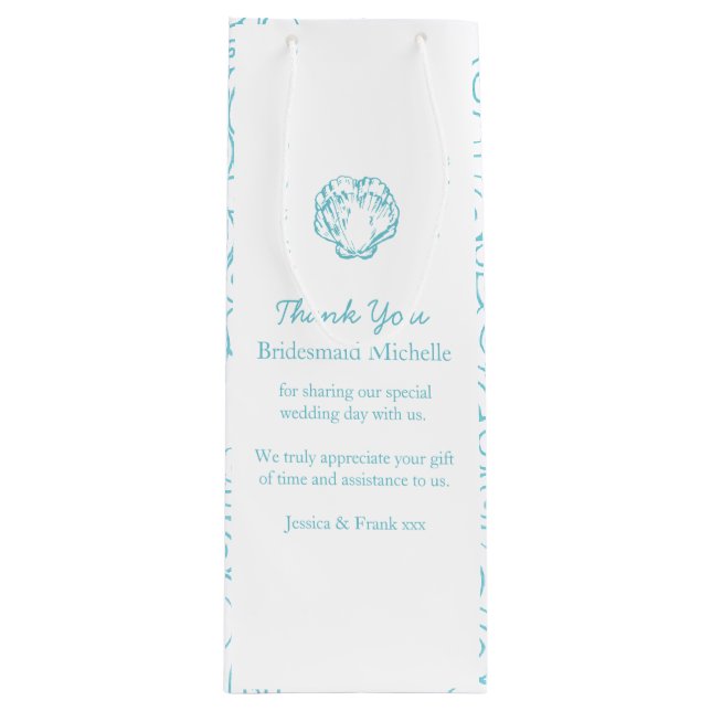 Personalised shell blue wedding favour wine bags (Front)