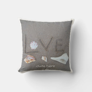Personalised shells & 2 hearts on beach wedding cushion