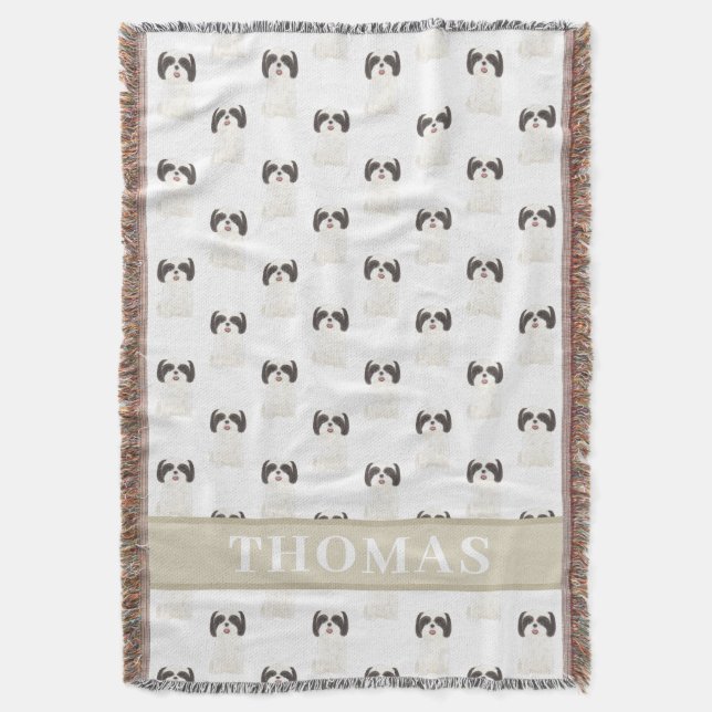 Personalised Shih Tzu (Black & White) Pink & White Throw Blanket (Front Vertical)