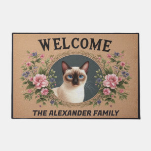 Personalised Siamese Cat, Floral Kitten Welcome Doormat