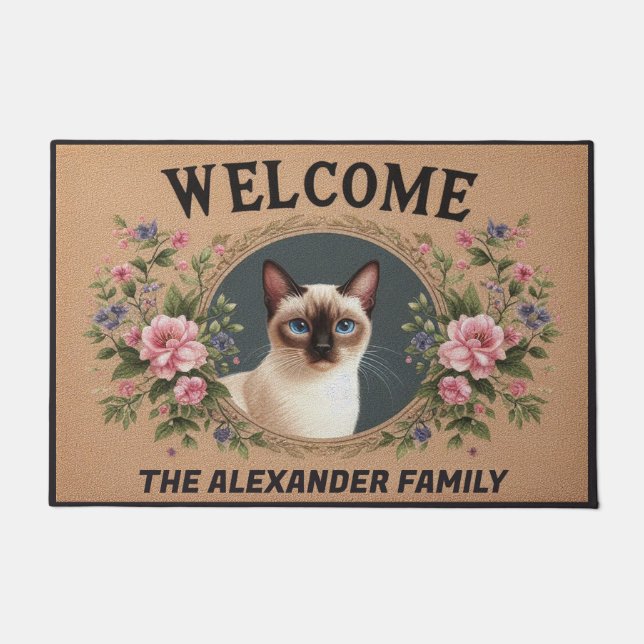 Personalised Siamese Cat, Floral Kitten Welcome Doormat (Front)