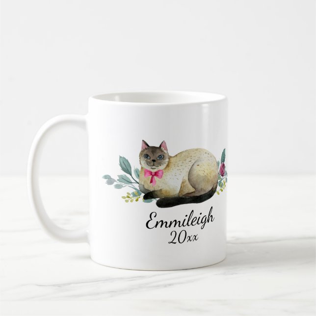 Personalised Siamese Cat Purple Floral White Coffee Mug (Left)