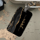 Personalised Signature Black Gold Agate Luggage Tag<br><div class="desc">Personalise this elegant modern design with your name in vertical gold-coloured signature handwriting script on a black background with a border of black watercolor agate trimmed with gold faux glitter. (To keep the swashes at the beginning and end of the name, replace only the letters, leaving the symbols in place.)...</div>