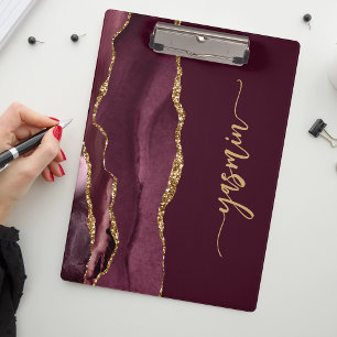 Personalised Signature Burgundy Red Gold Agate Clipboard