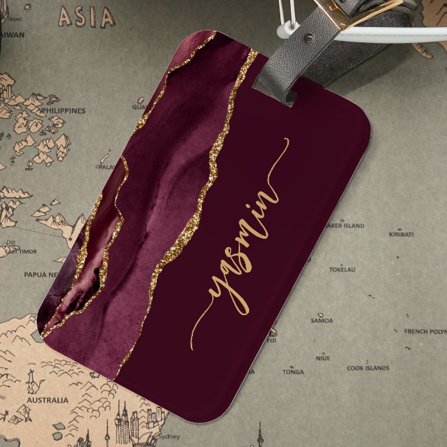 Personalised Signature Burgundy Red Gold Agate Luggage Tag (Creator Uploaded)