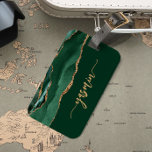 Personalised Signature Emerald Green Gold Agate Luggage Tag<br><div class="desc">Personalise this elegant modern design with your name in vertical gold-coloured signature handwriting script on an emerald green background with a border of emerald green watercolor agate trimmed with gold faux glitter. (To keep the swashes at the beginning and end of the name, replace only the letters, leaving the symbols...</div>
