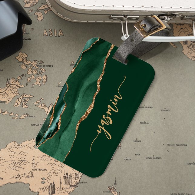 Personalised Signature Emerald Green Gold Agate Luggage Tag (Creator Uploaded)