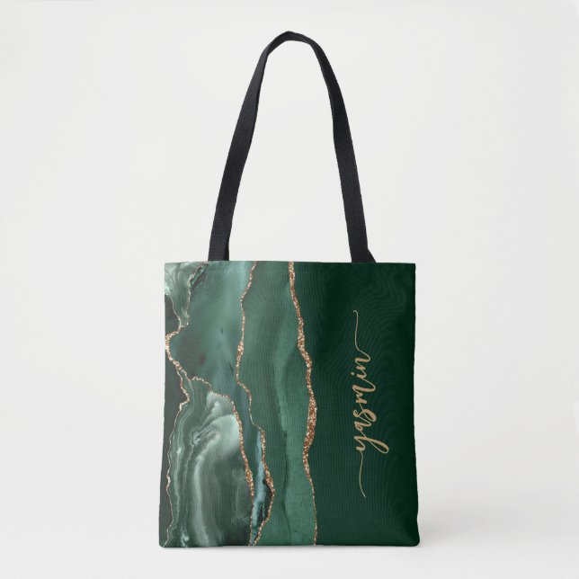 Personalised Signature Emerald Green Gold Agate Tote Bag (Front)