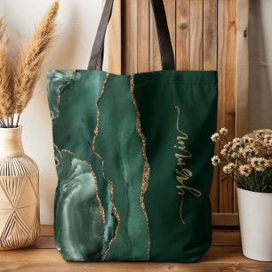Personalised Signature Emerald Green Gold Agate Tote Bag