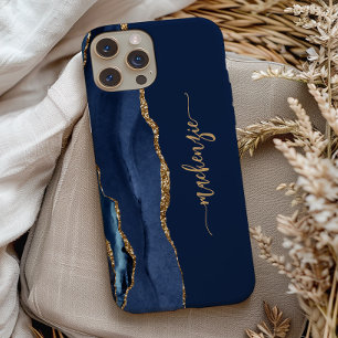 Personalised Signature Navy Blue Gold Agate iPhone 13 Pro Case