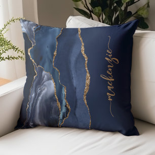 Personalised Signature Navy Blue Gold Agate Cushion