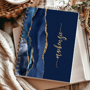 Personalised Signature Navy Blue Gold Agate Notebook